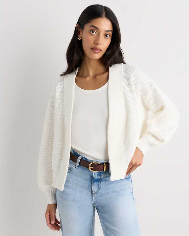 Ivory 100% Organic Cotton Waffle Stitch Open Cardigan