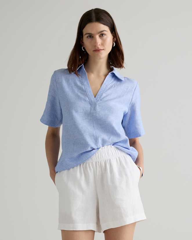 French Blue 100% European Linen Short Sleeve Popover Top