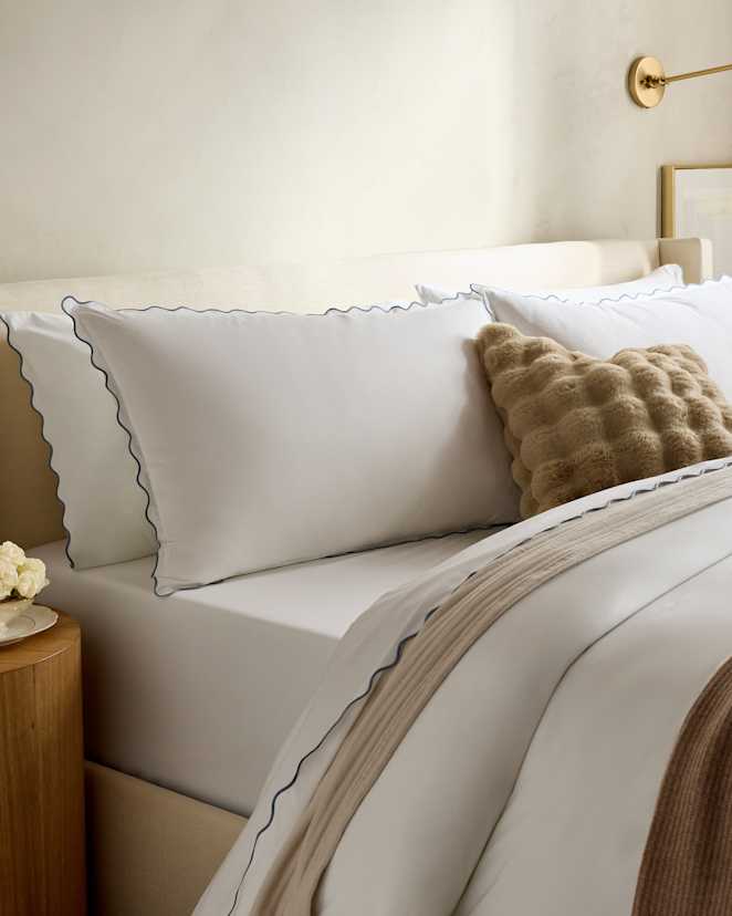White/Mineral Classic Organic Percale Scallop Sham Set