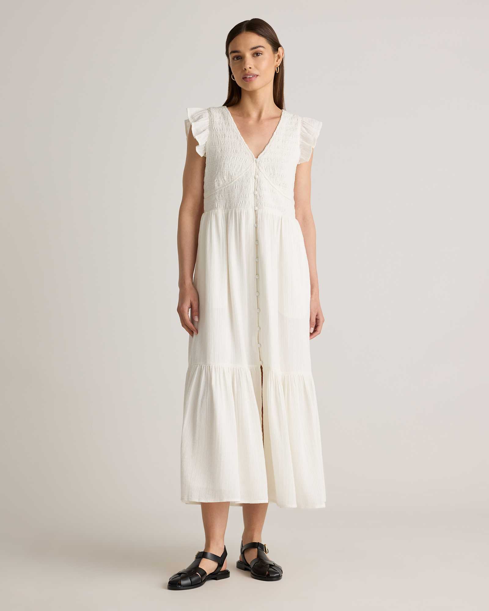 white Organic Textured Cotton Smocked V-Neck Midi Dress