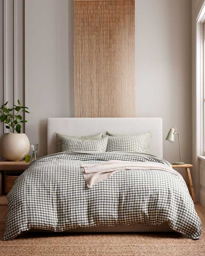 Olive European Linen Gingham Duvet Cover Set