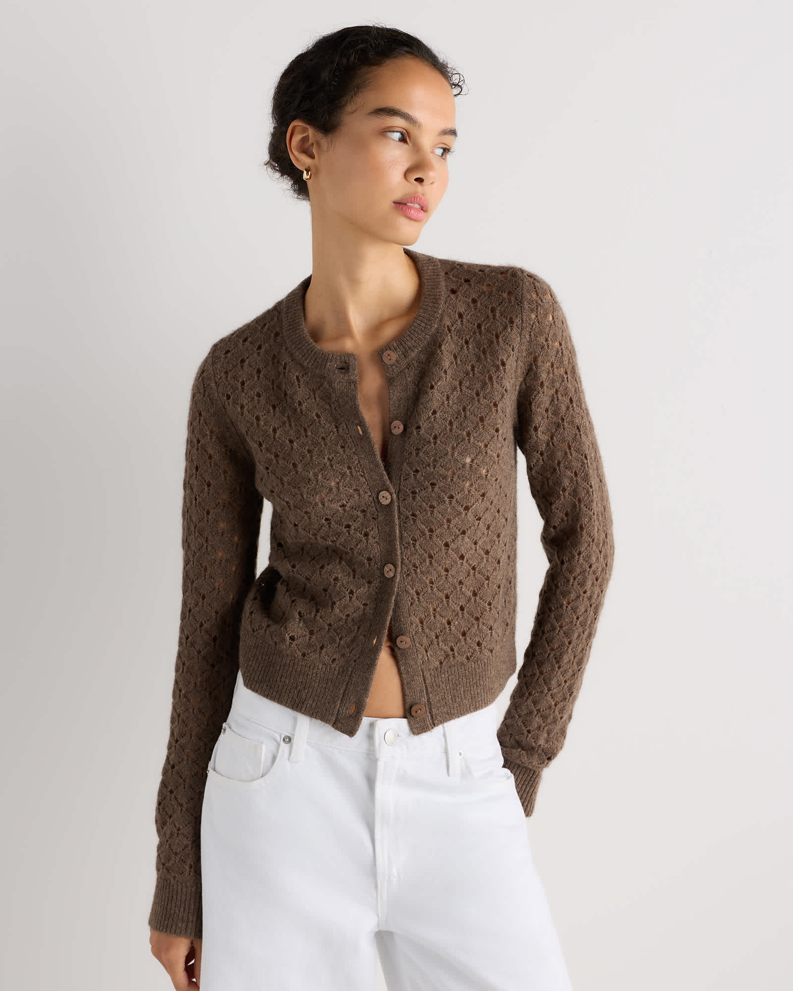 Heather Brown 100% Yak Wool Pointelle Detail Cardigan