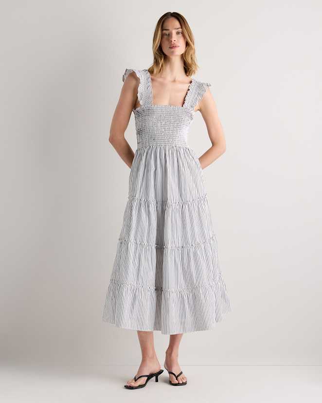 Steel Grey Soho Stripe 100% Organic Cotton Poplin Smocked Midi Dress