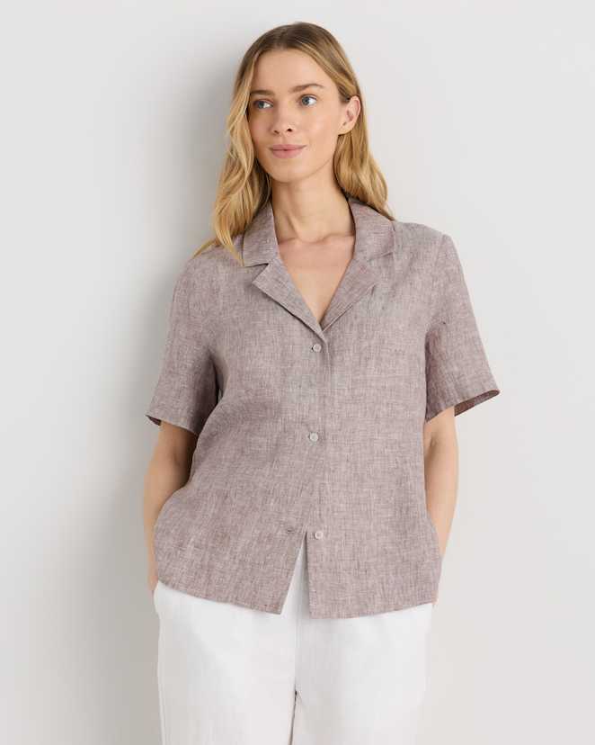 Taupe Brown Chambray 100% European Linen Short Sleeve Shirt