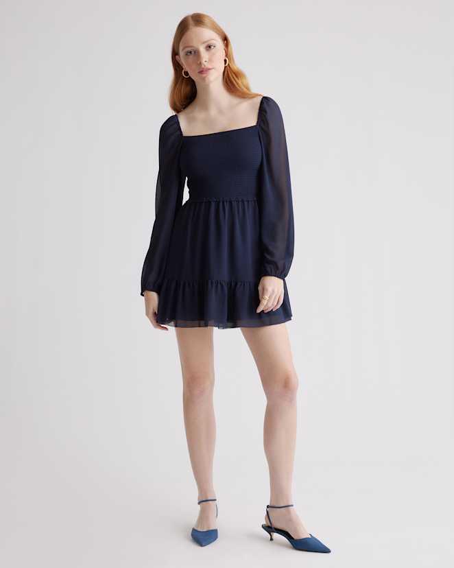 Navy Chiffon Smocked Mini Dress