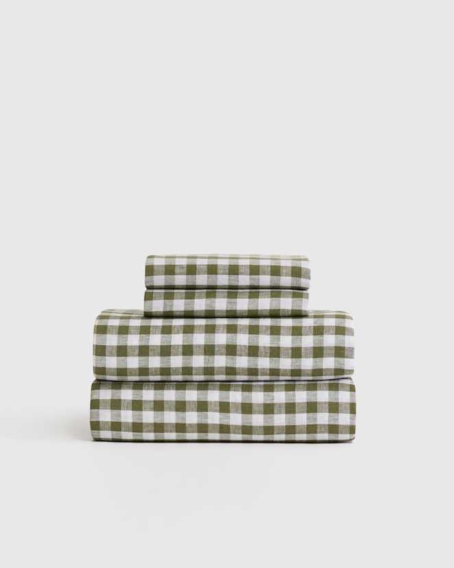 Olive European Linen Gingham Sheet Set