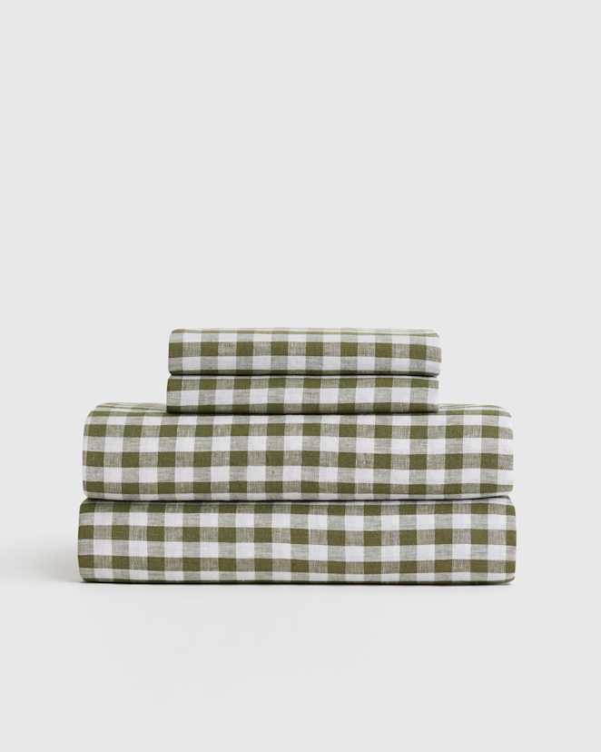 Olive European Linen Gingham Sheet Set
