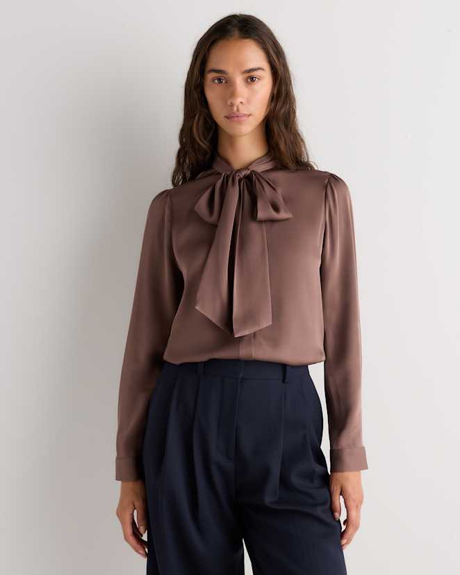 Mink Taupe Washable Stretch Silk Tie Neck Blouse