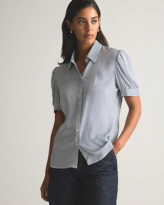 Evie Stripe Washable Stretch Silk Puff Sleeve Blouse