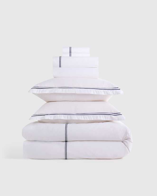 White/Navy Classic Organic Percale Embellished Deluxe Bedding Bundle