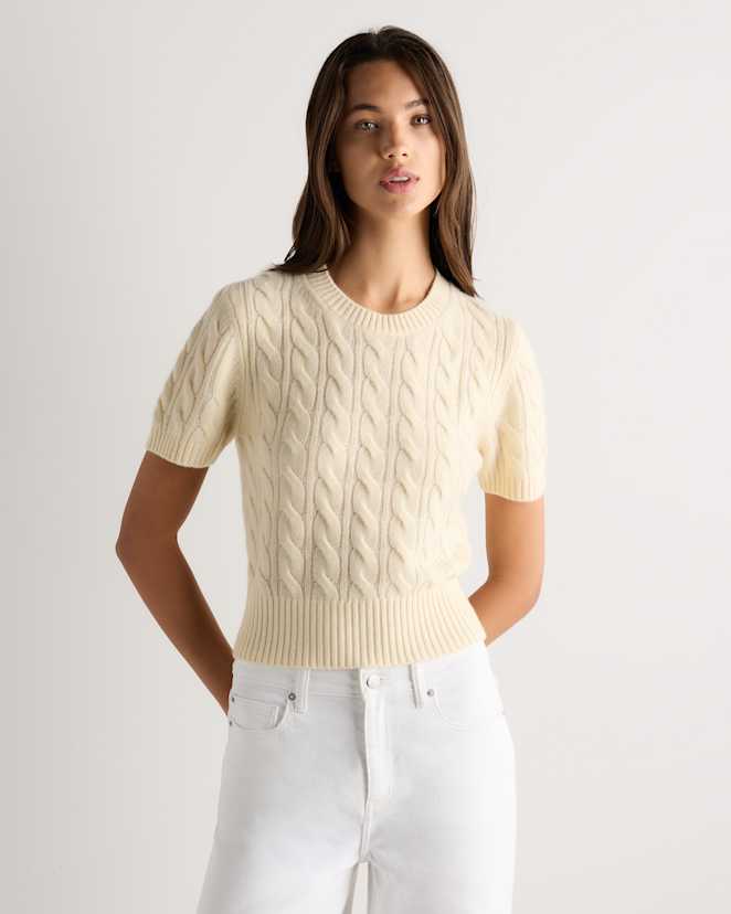 Pale Custard Yellow Mongolian Cashmere Shrunken Cable Tee