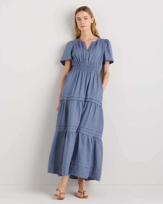 Moonstone Blue 100% European Linen Tiered Maxi Dress