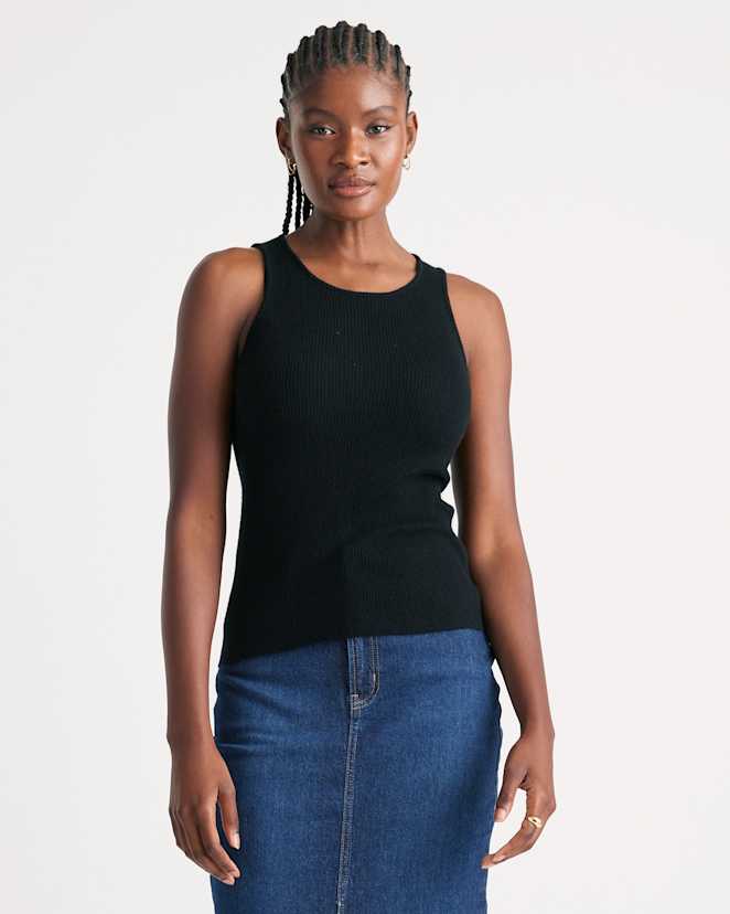 Black Featherweight Cashmere Ribbed Tank