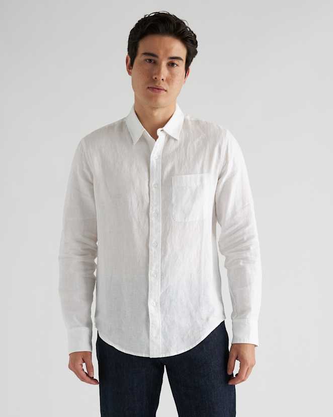 White 100% European Linen Relaxed Long Sleeve Pocket Shirt