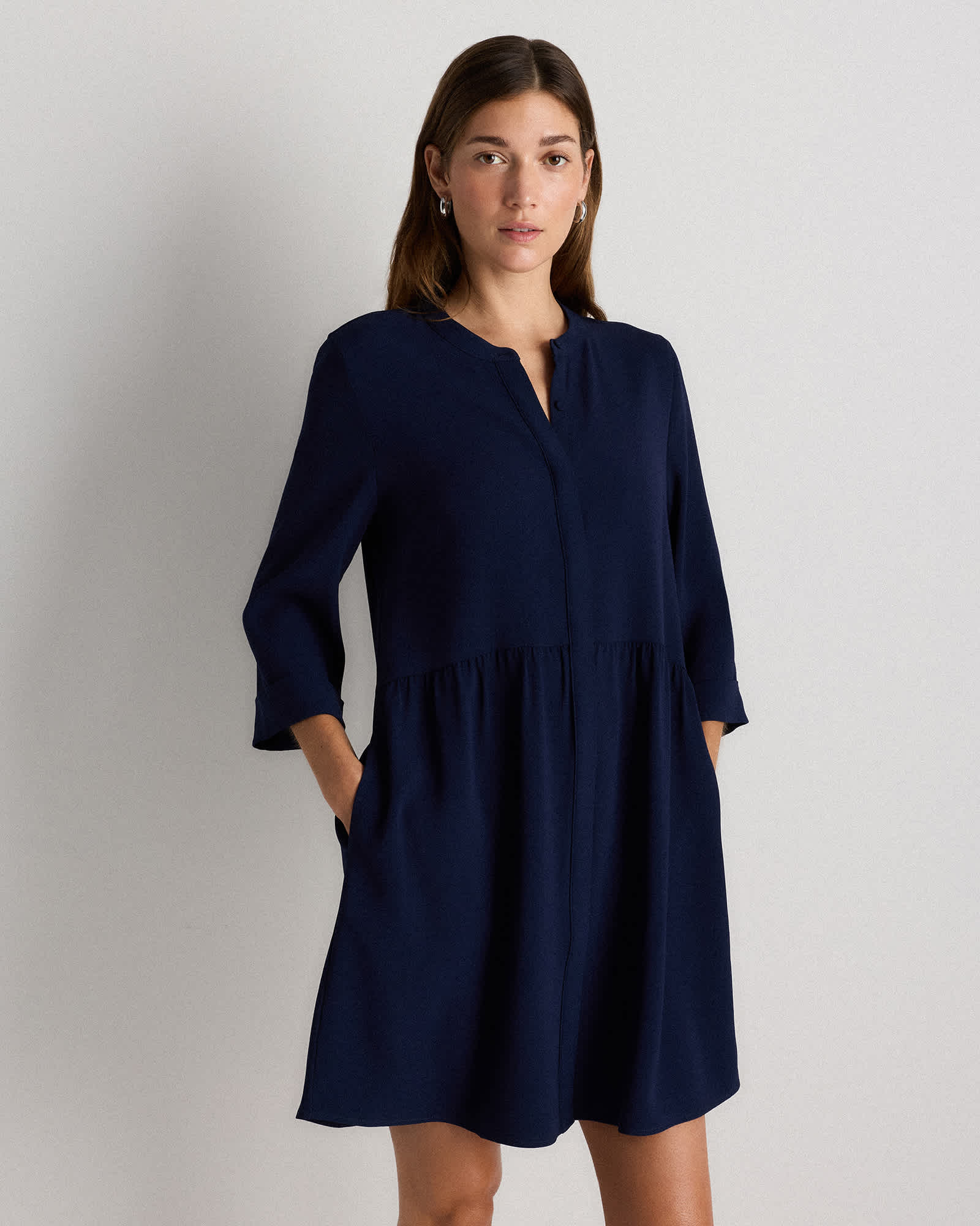 Navy Fluid Crepe Shirt Dress