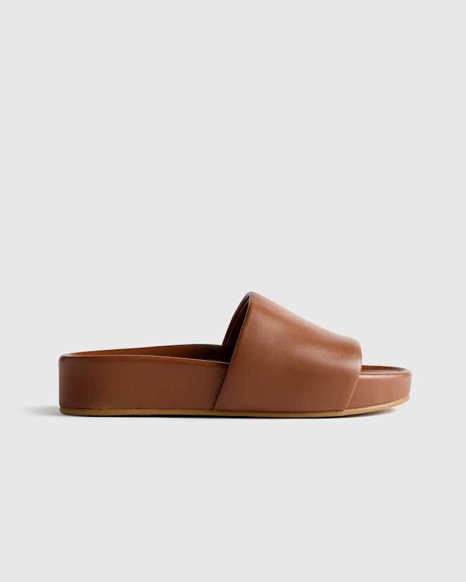 Cognac Italian Leather Platform Slide Sandal