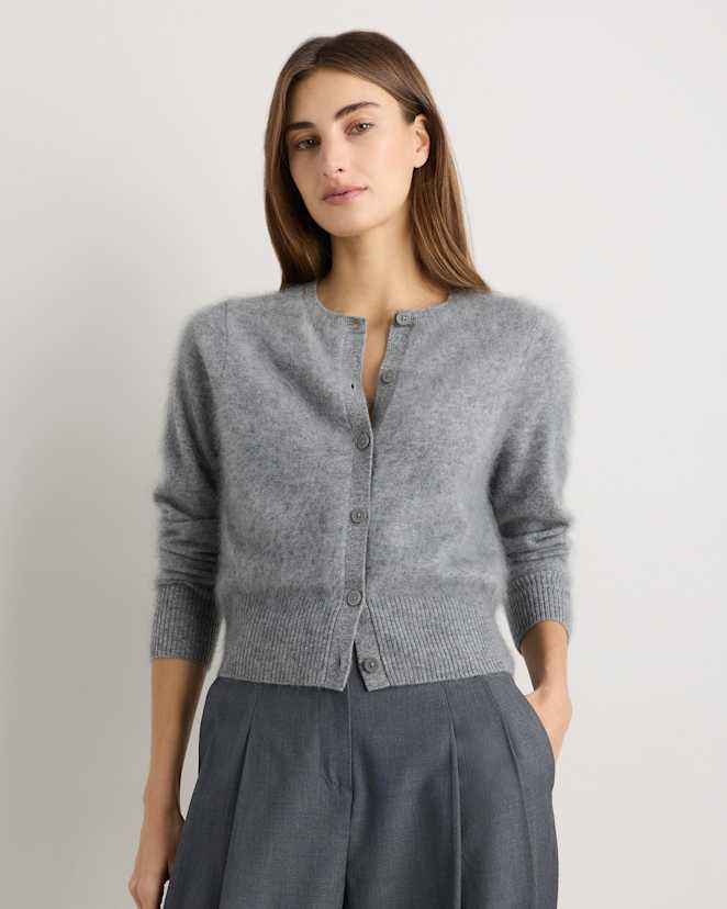Heather Grey Brushed Cashmere Cropped Crewneck Cardigan