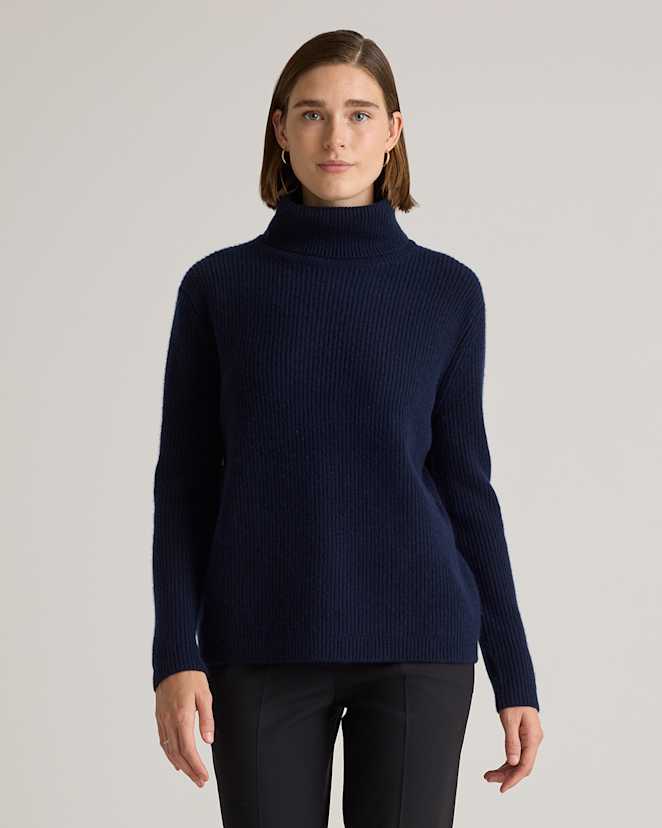 True Navy Mongolian Cashmere Fisherman Turtleneck Sweater
