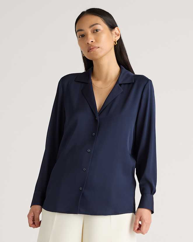 Navy Washable Stretch Silk Notch Collar Blouse