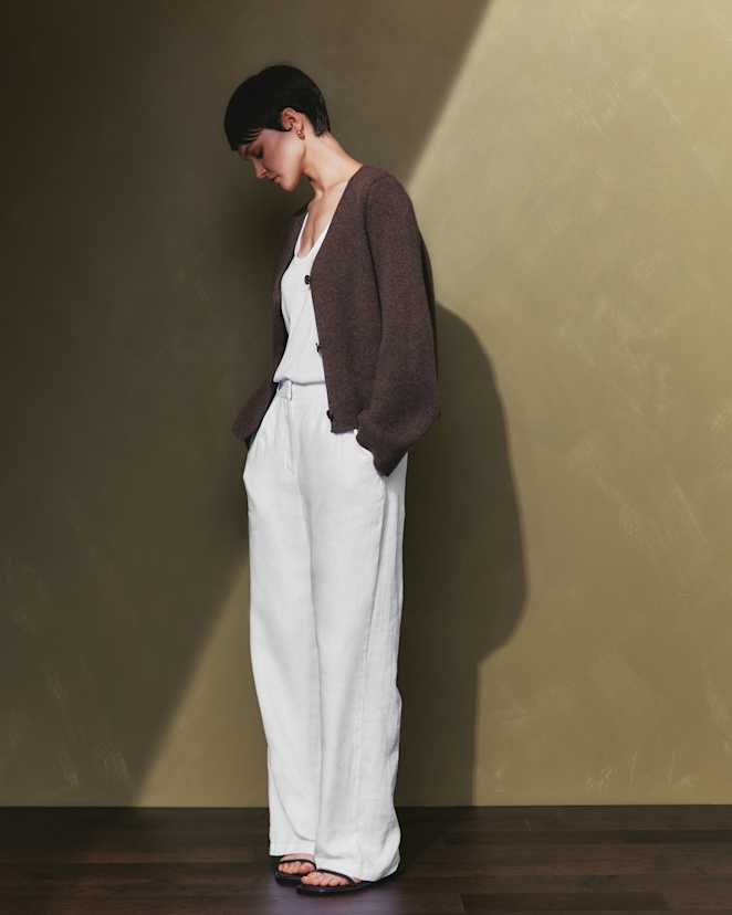 White 100% European Linen Pleated Trouser