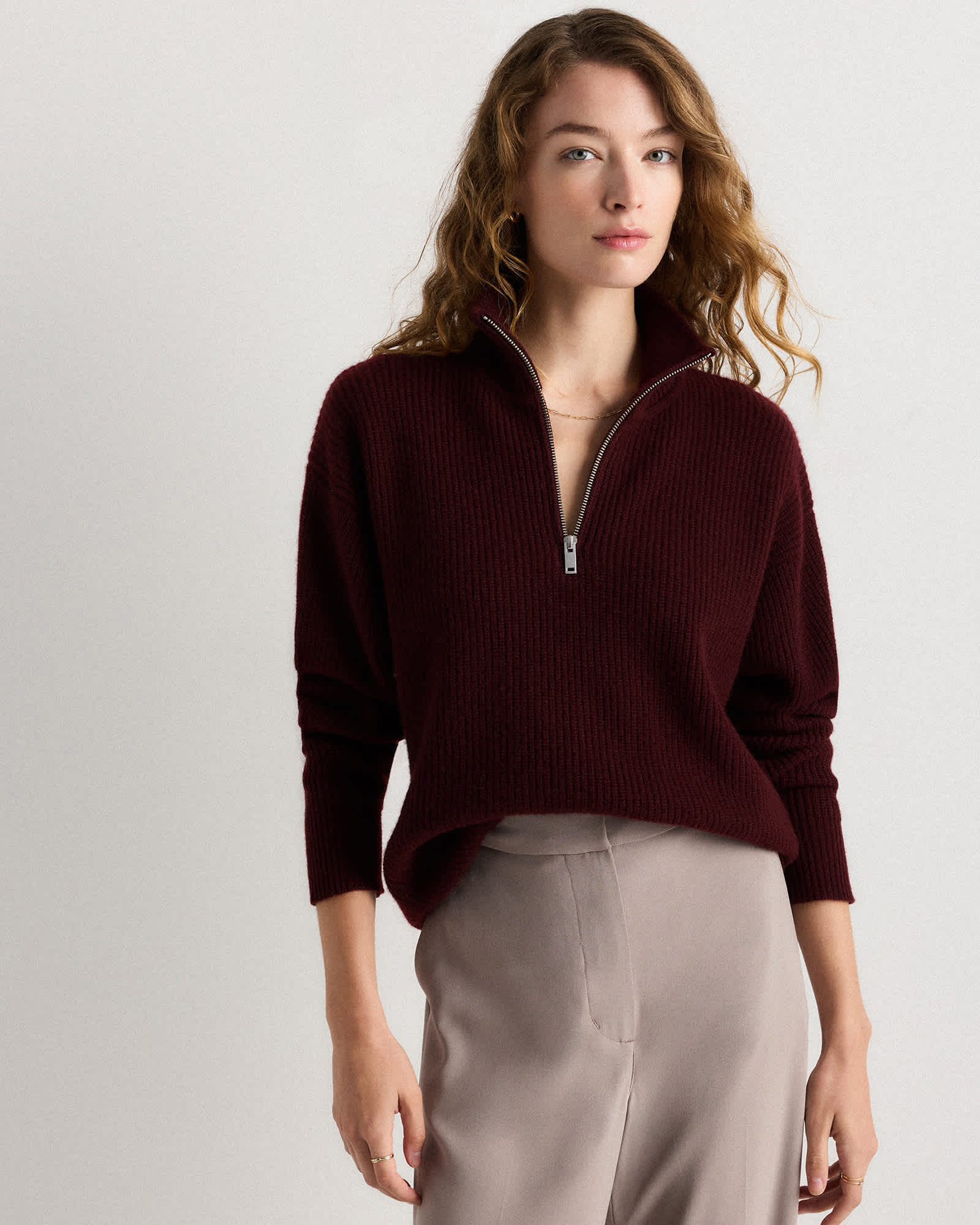 rich-burgundy Mongolian Cashmere Fisherman Quarter Zip Sweater