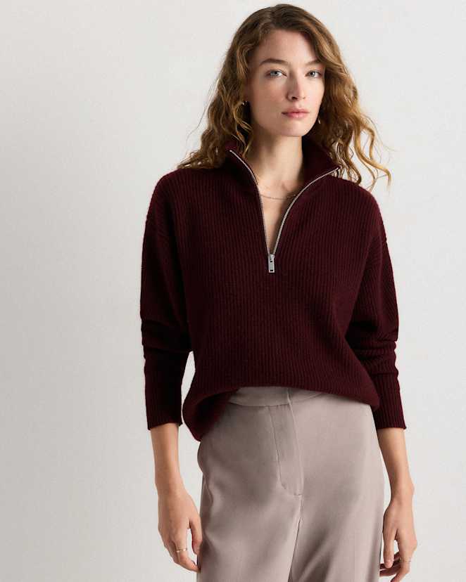 Rich Burgundy Pull style pêcheur en cachemire de Mongolie à glissière un quart