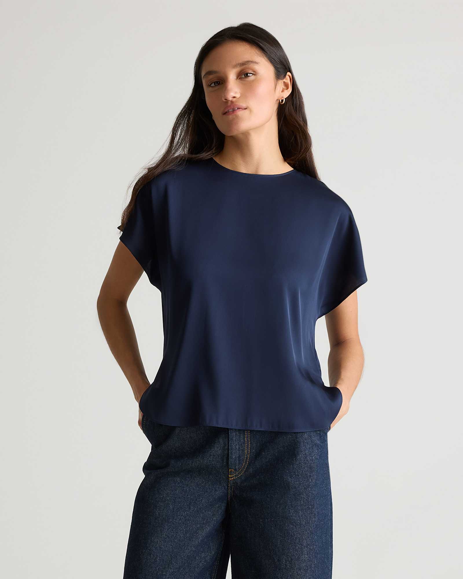 navy Washable Stretch Silk Split Hem Tee
