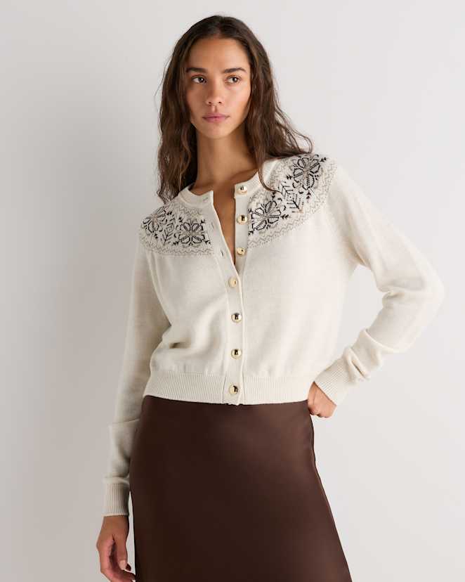 Heather Bone Multi Australian Merino Wool Fair Isle Crewneck Cardigan