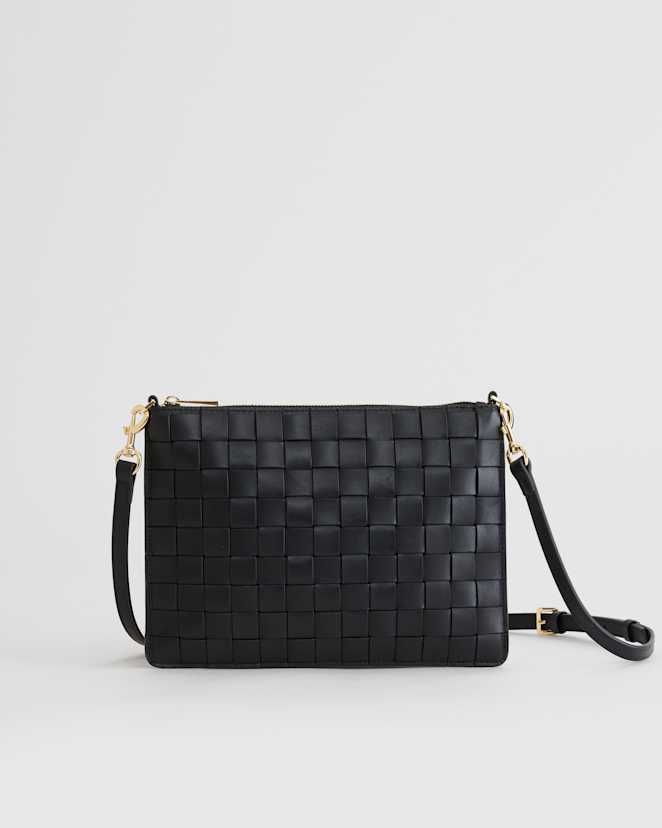 Black Italian Leather Handwoven Convertible Crossbody