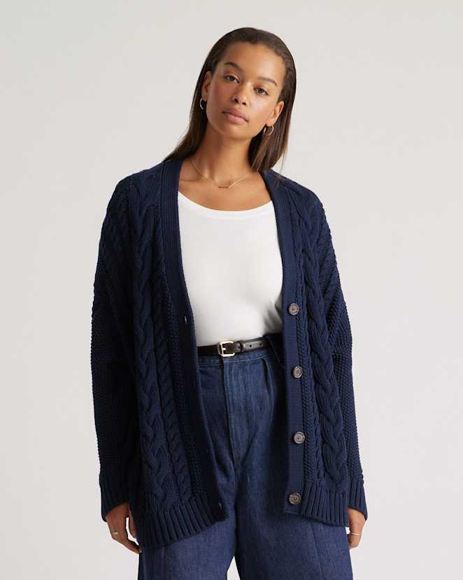 Navy 100% Organic Cotton Oversized Cable Cardigan