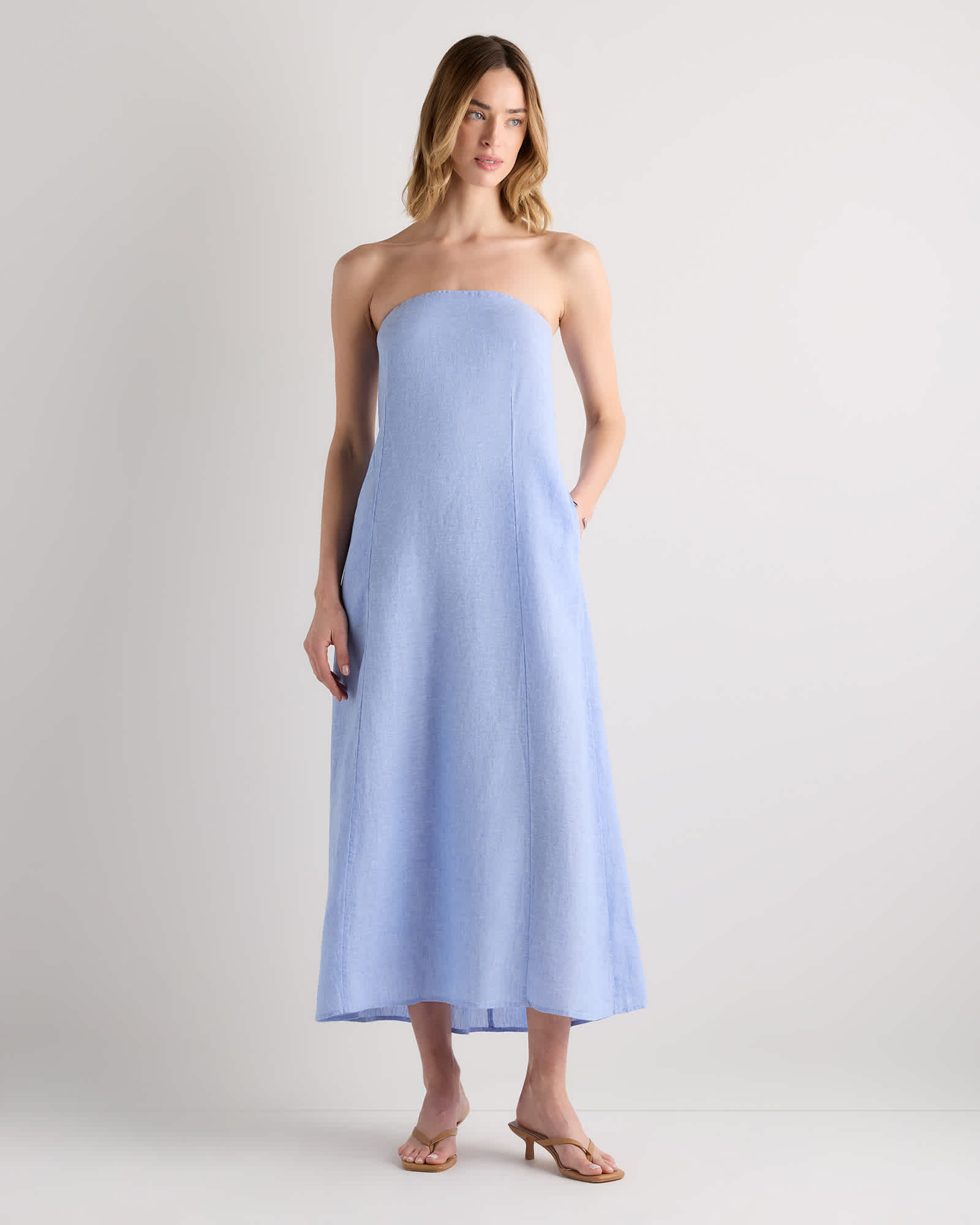 French Blue 100% European Linen Strapless Maxi Dress