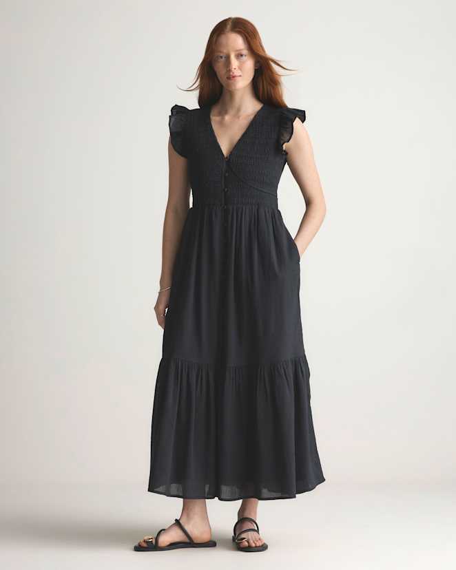 True Black Organic Textured Cotton Smocked V-Neck Midi Dress