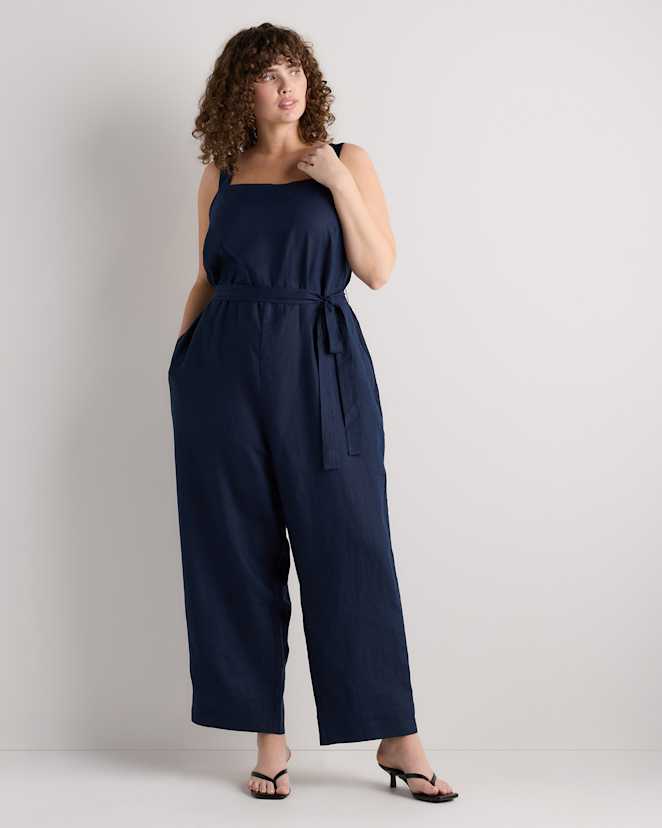 Deep Navy 100% European Linen Square Neck Jumpsuit