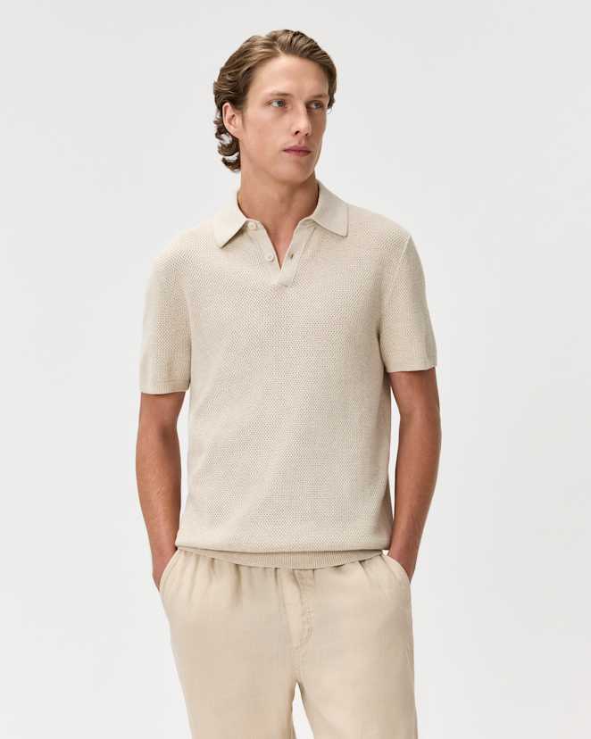 Speckled Beige 100% Organic Cotton Mesh-Stitch Sweater Polo