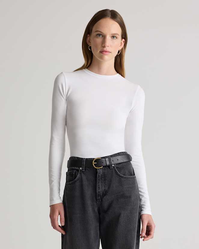 Soft White Stretch Cotton Jersey Fitted Long Sleeve T-Shirt