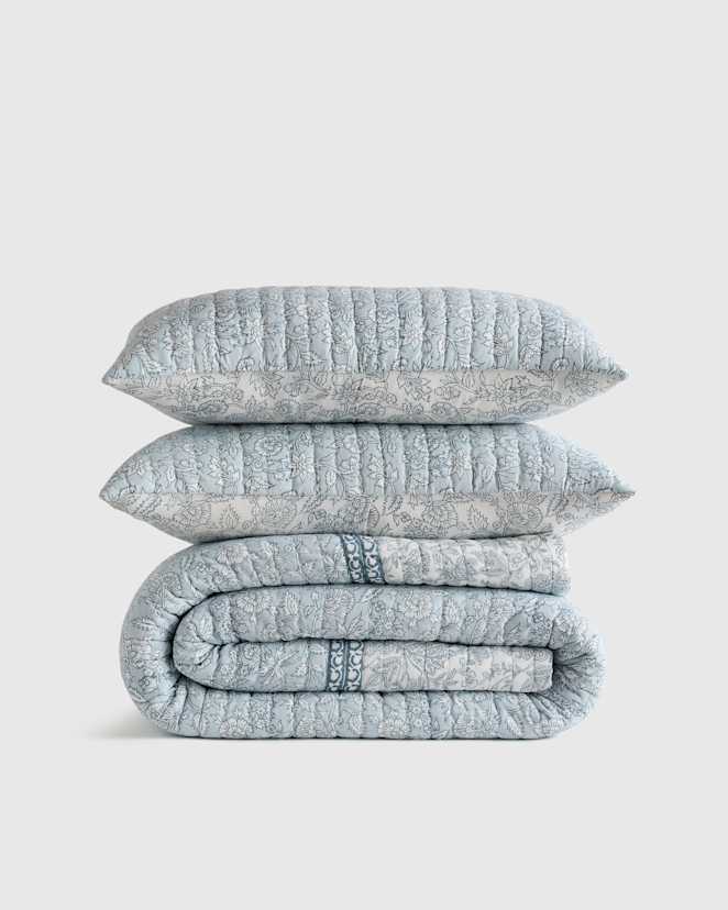 Blue Organic Cotton Block Print Quilt Set