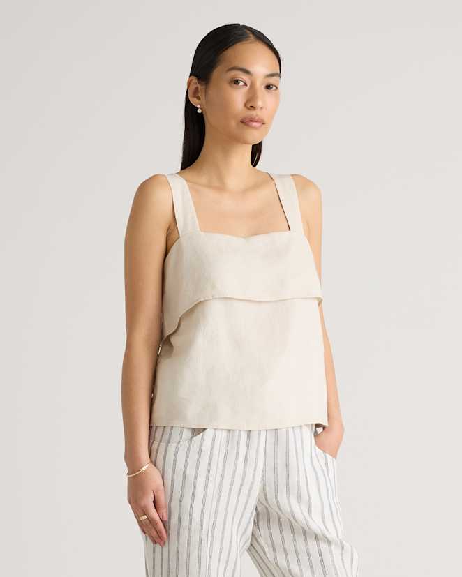 Sand 100% European Linen Square Neck Tank