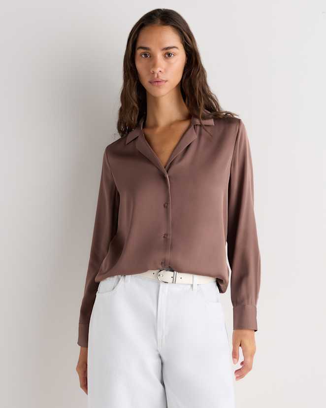 Mink Taupe Washable Stretch Silk Notch Collar Blouse
