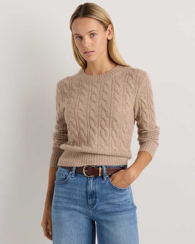 Oatmeal Mongolian Cashmere Shrunken Cable Crewneck Sweater
