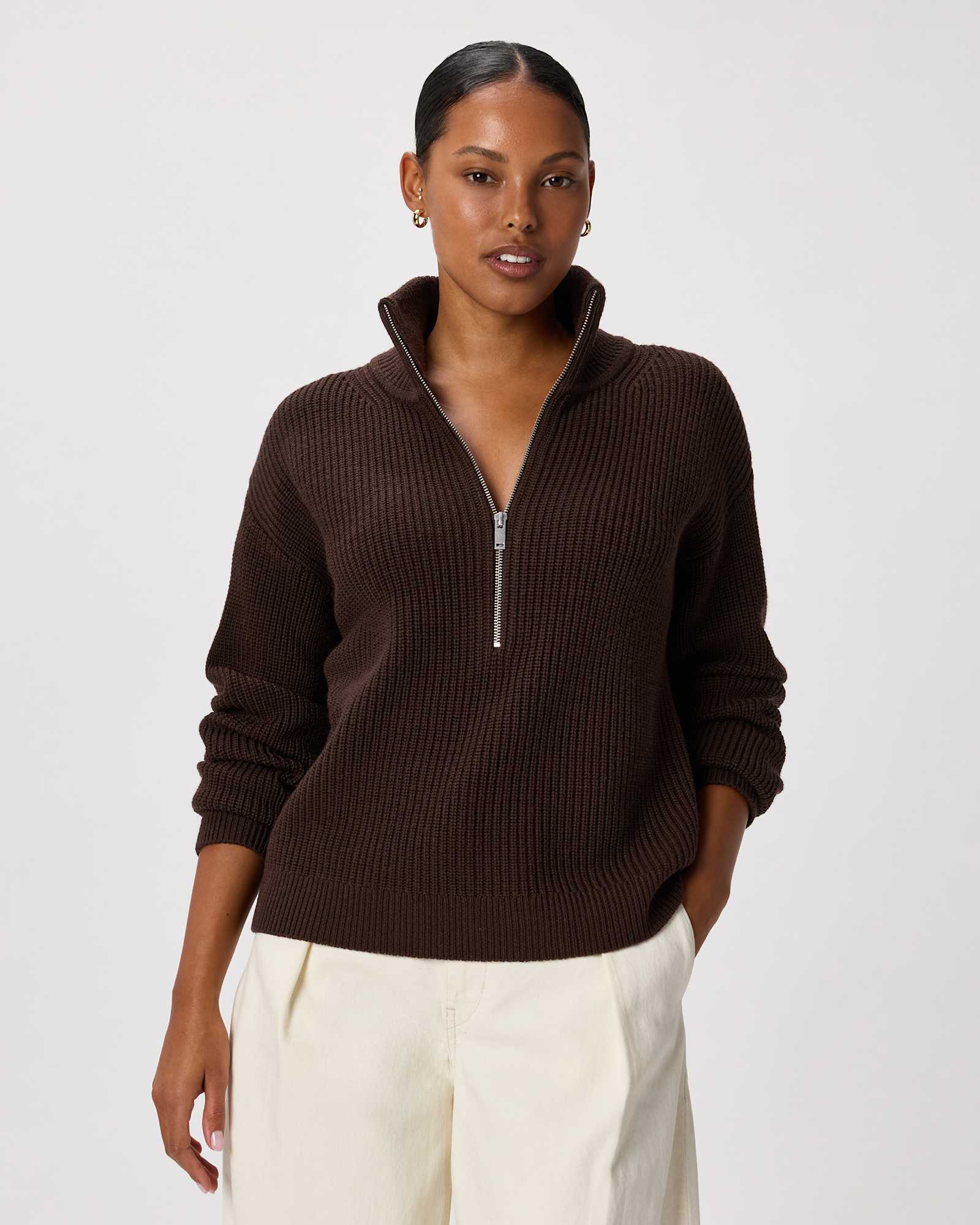 heather-bone Australian Merino Wool Half Zip Sweater