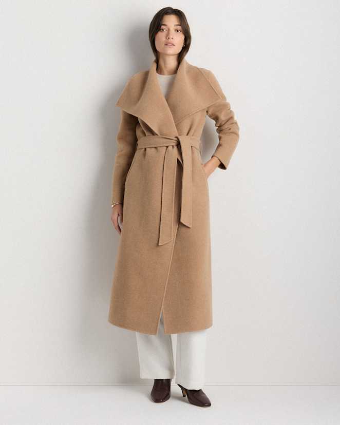 Caramel Double-Faced Merino Wool Draped Collar Wrap Coat