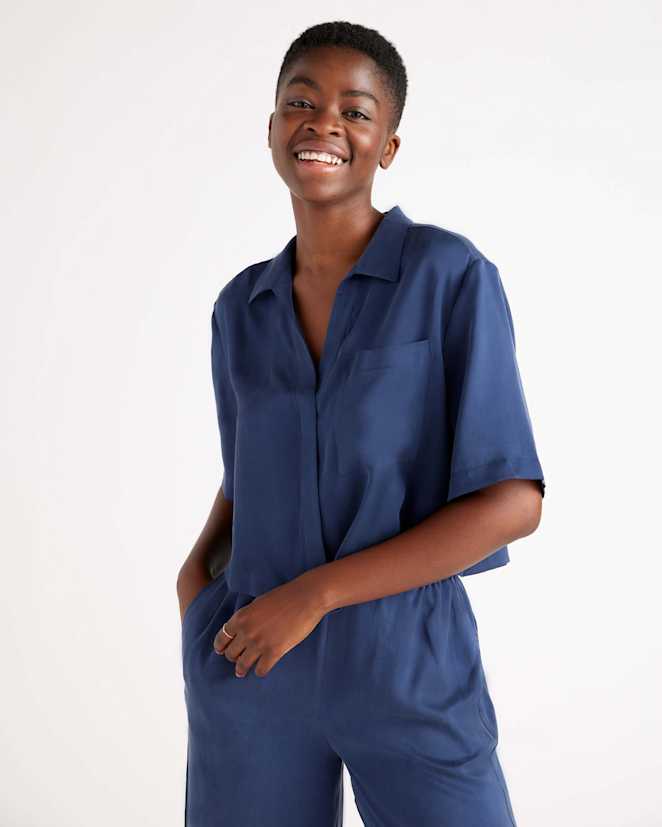 Indigo 100% Washable Silk Pajama Button Up Top