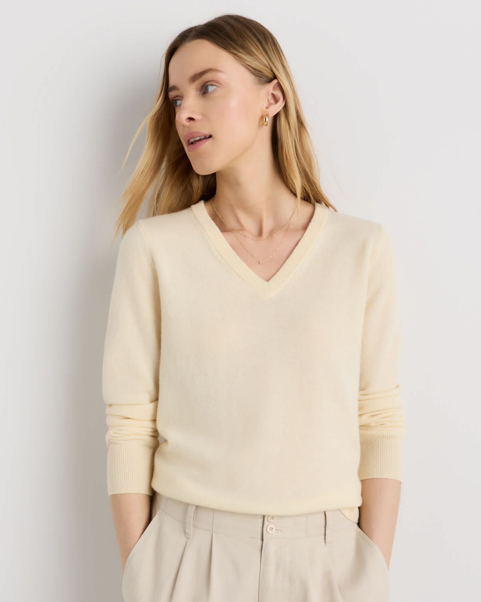 pale-custard-yellow Mongolian Cashmere V-Neck Sweater