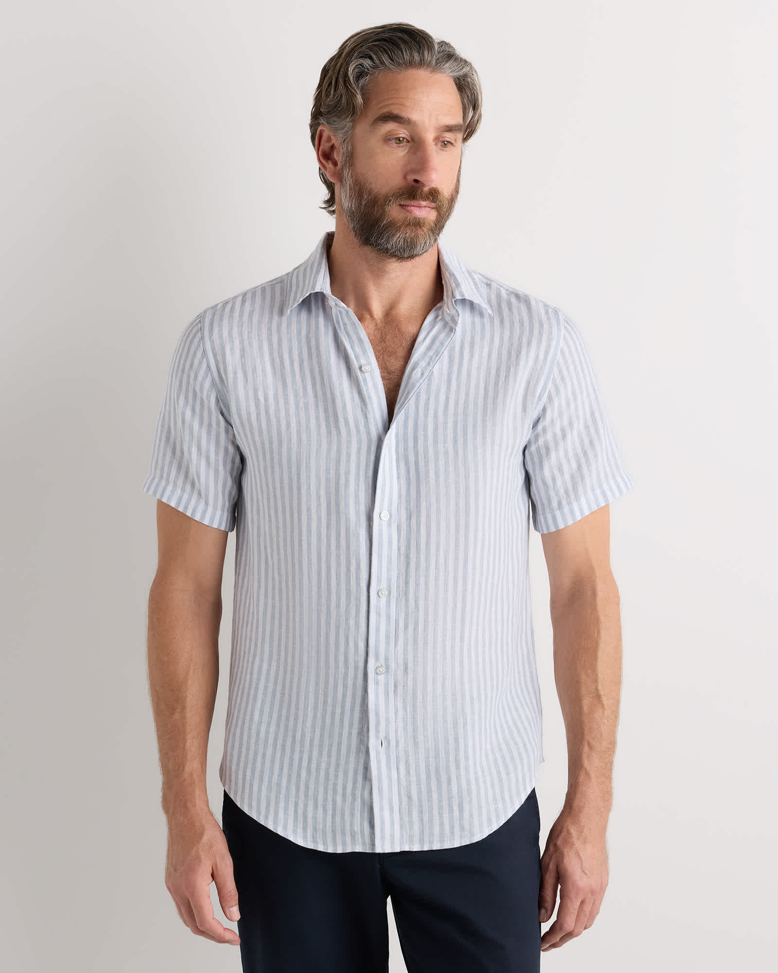 Sky Blue Mariner Stripe 100% European Linen Relaxed Short Sleeve Shirt