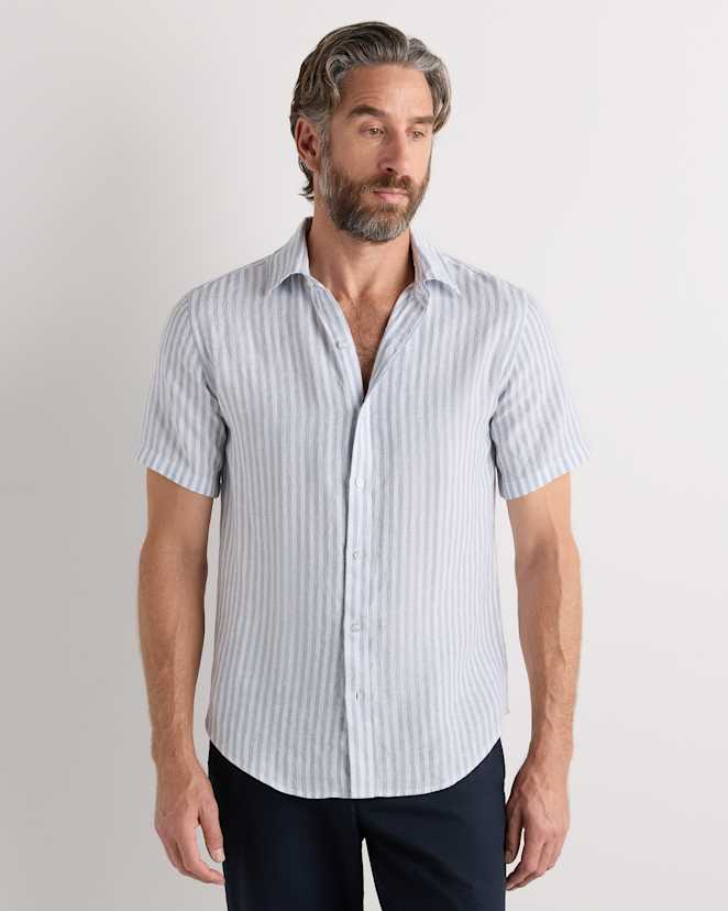 Sky Blue Mariner Stripe 100% European Linen Relaxed Short Sleeve Shirt