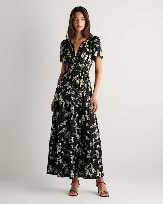 Black Vintage Pink Petite Floral Washable Stretch Silk Tiered Maxi Dress