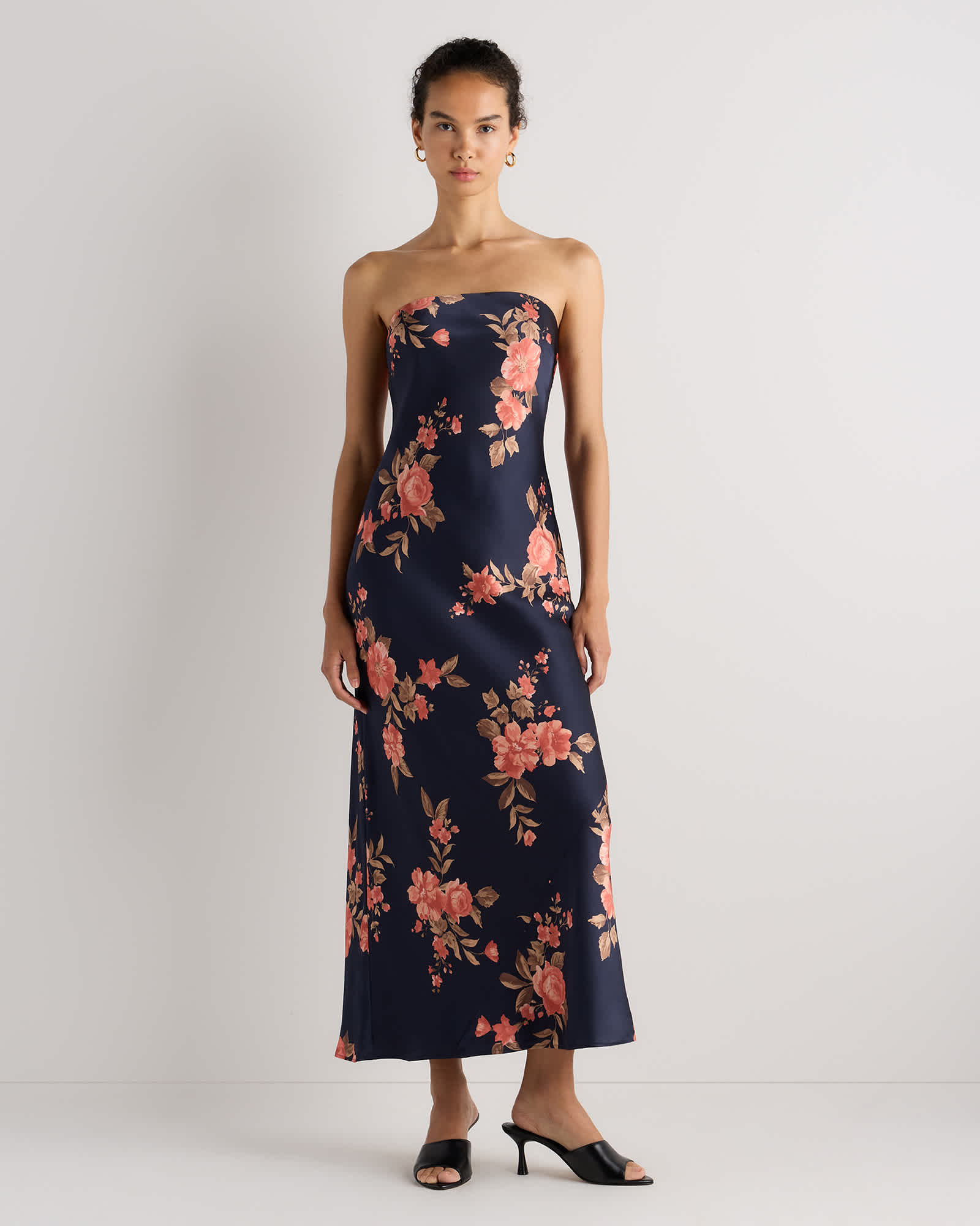Vintage Navy Roses 100% Washable Silk Strapless Midi Dress