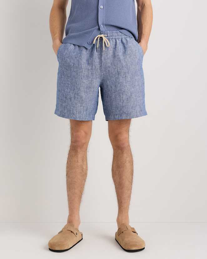 Chambray Blue 100% European Linen Drawstring Beach Shorts - 7"