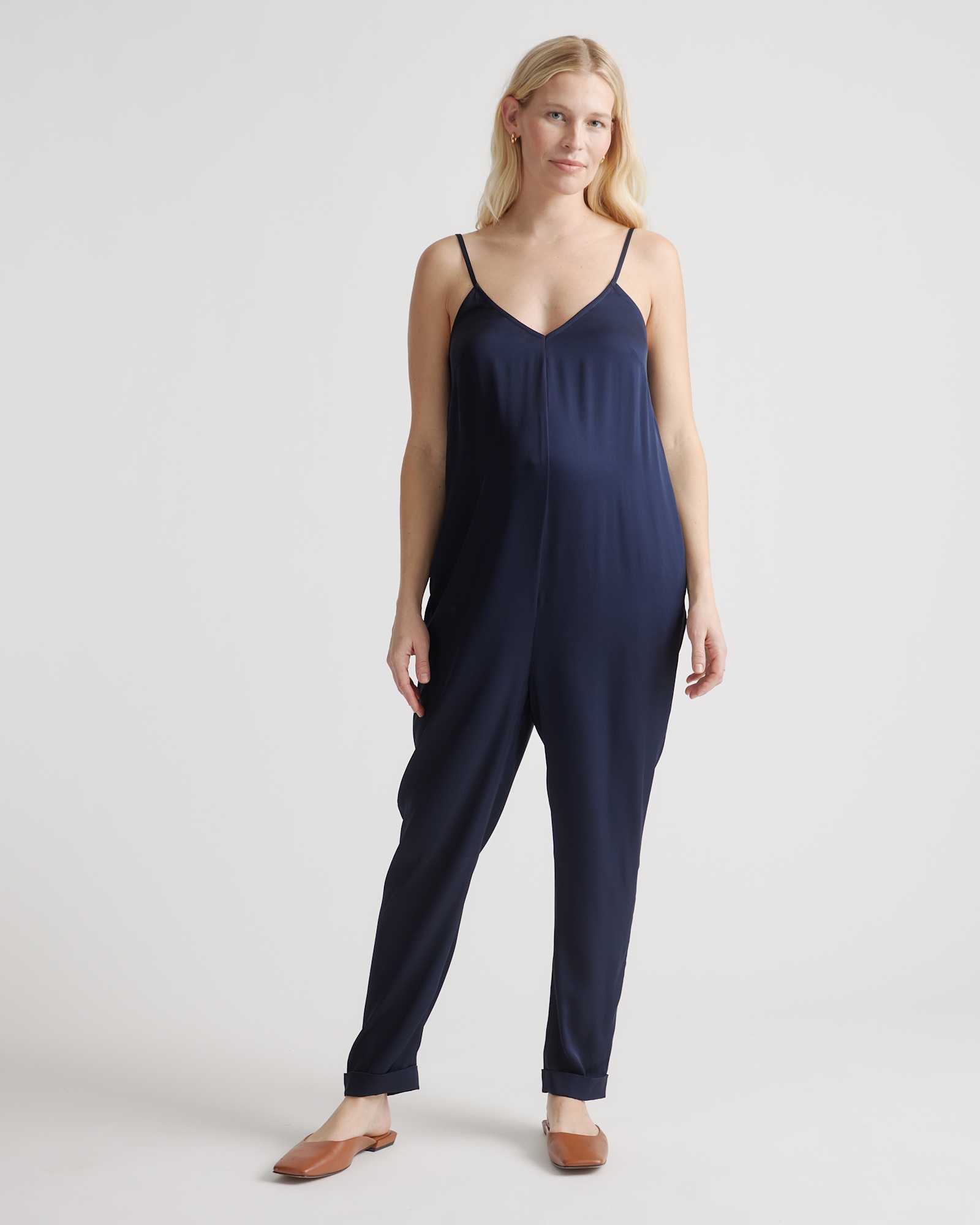 Navy Washable Stretch Silk Maternity Jumpsuit