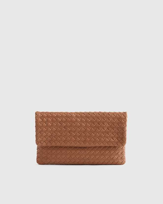Cognac Italian Leather Handwoven Convertible Clutch